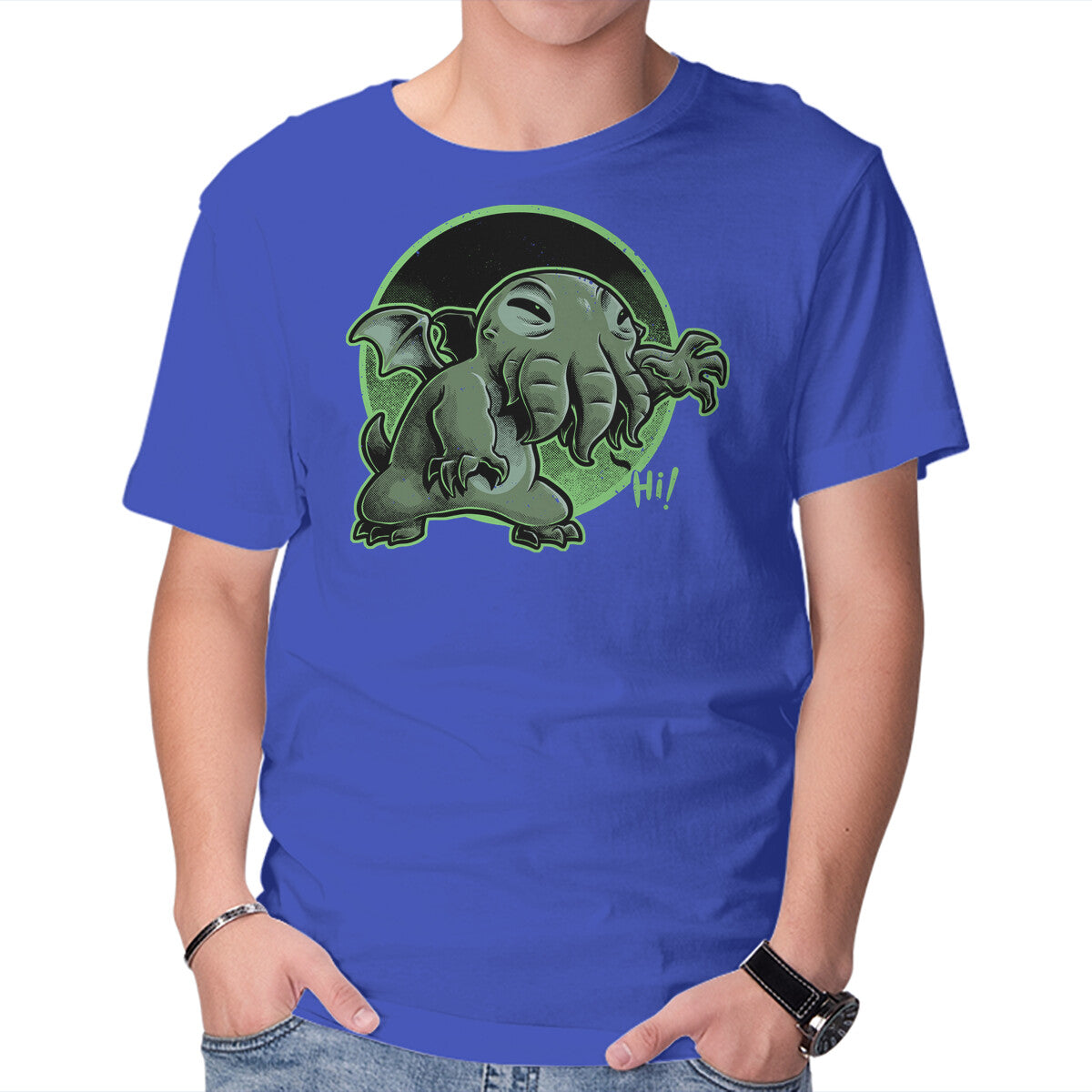 Cthulhu Says Hi Graphic T-Shirt in royal blue, product display
