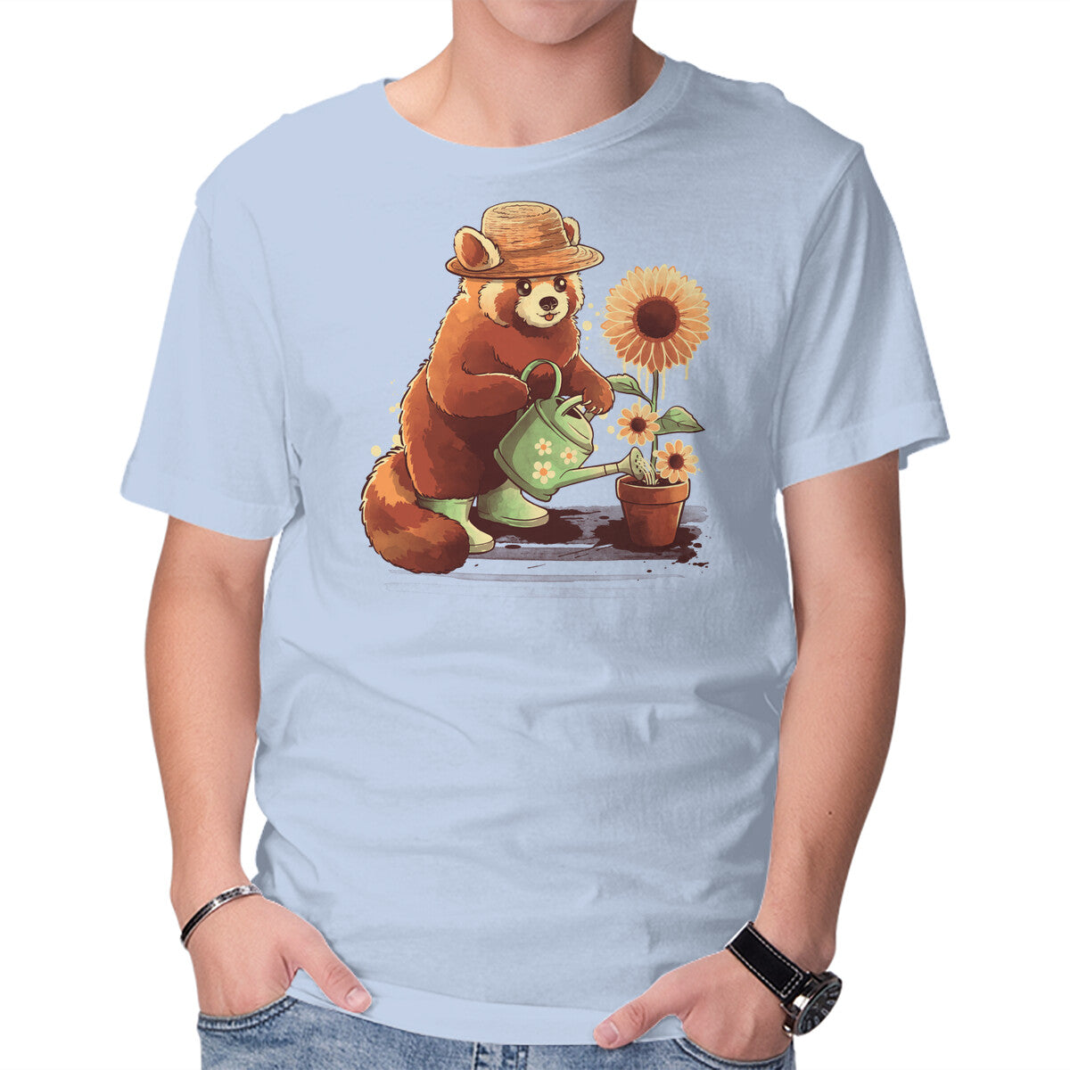 Red Panda Gardener – Animal Graphic T-Shirt in blue, product display
