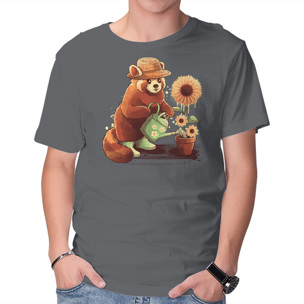 Red Panda Gardener – Animal Graphic T-Shirt in charcoal, product display