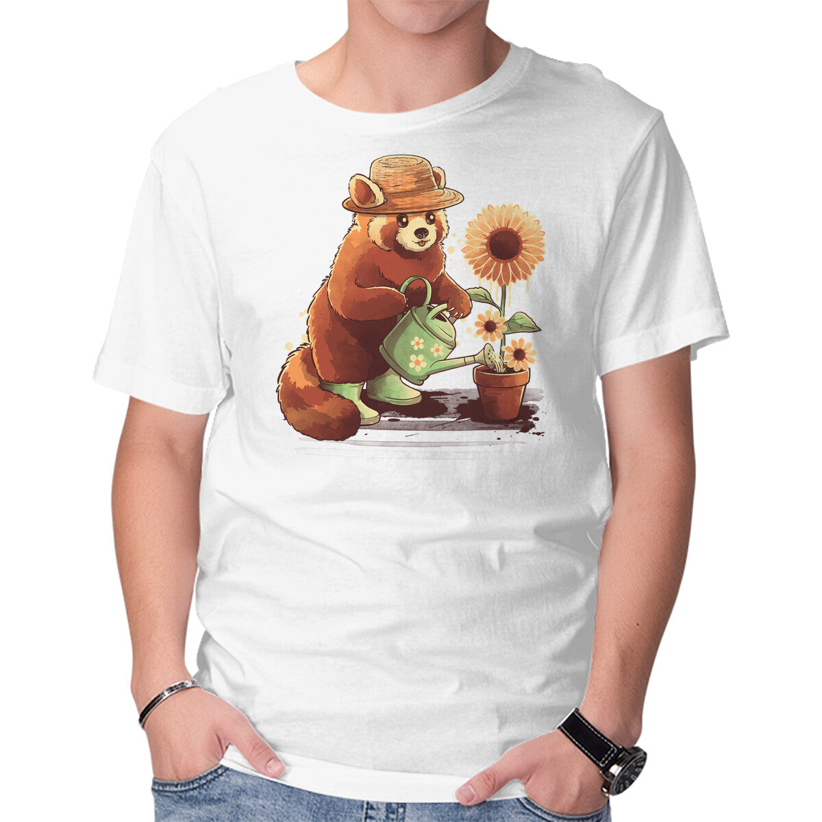 Red Panda Gardener – Animal Graphic T-Shirt in white, product display