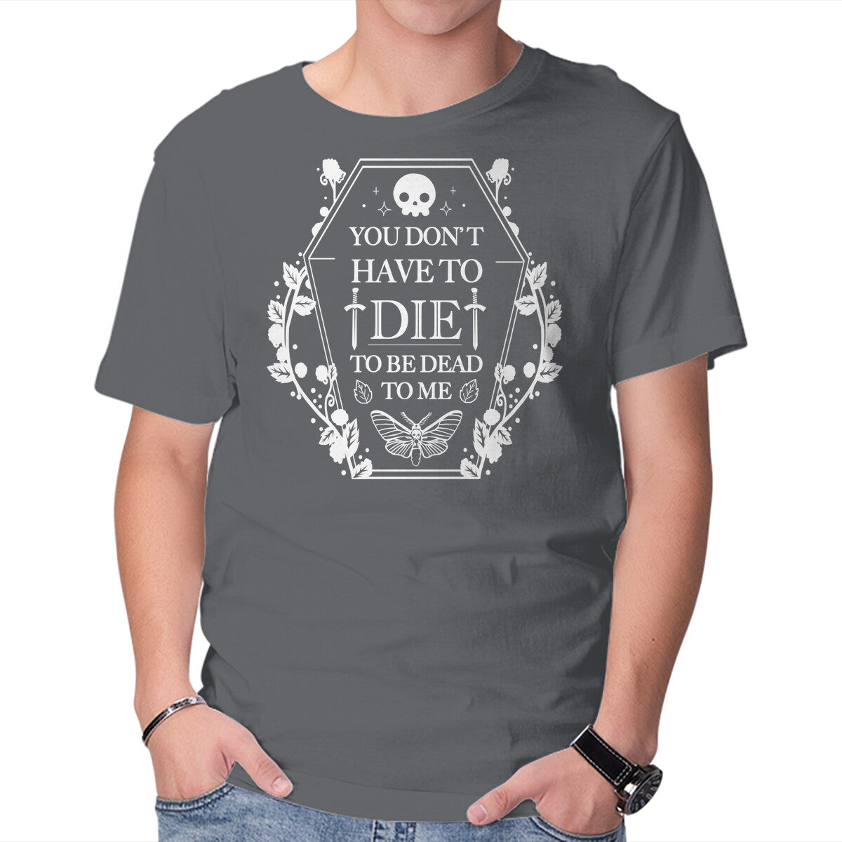 Dead To Me – Horror Graphic T-Shirt in charcoal, product display