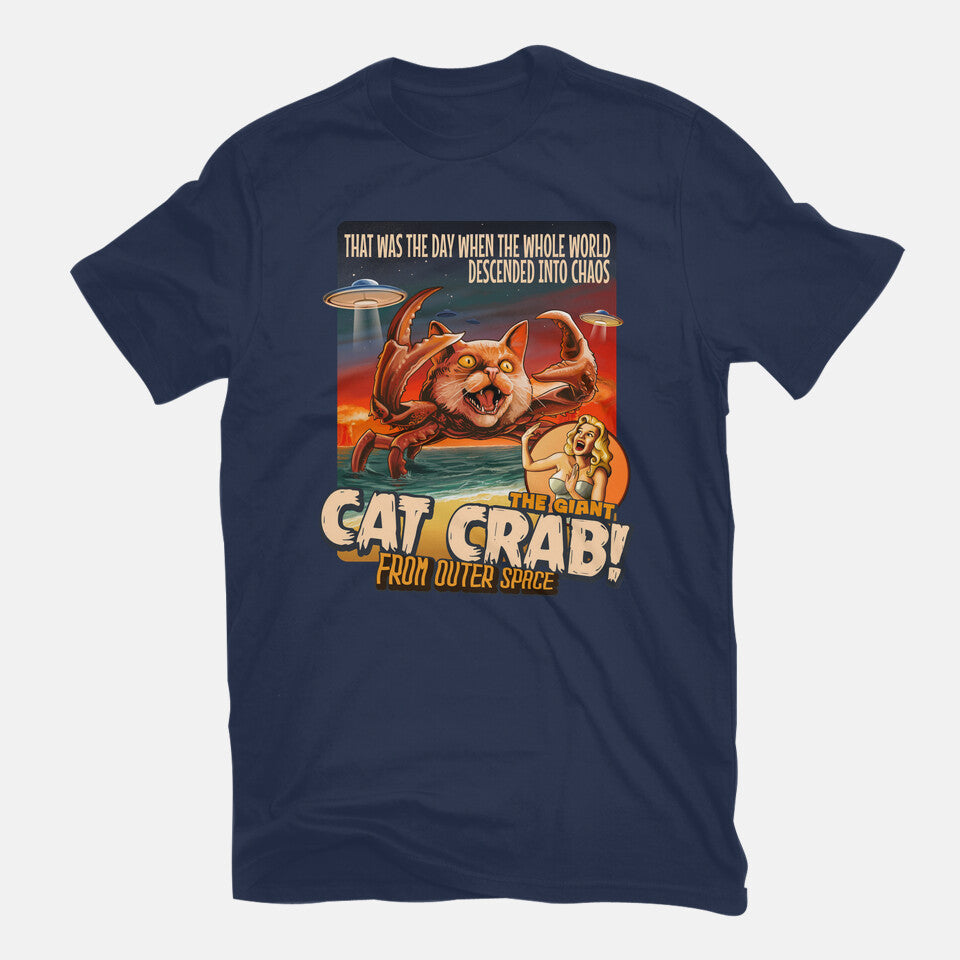 The Giant Cat Crab – Cat Graphic T-Shirt in navy, flat-lay product view