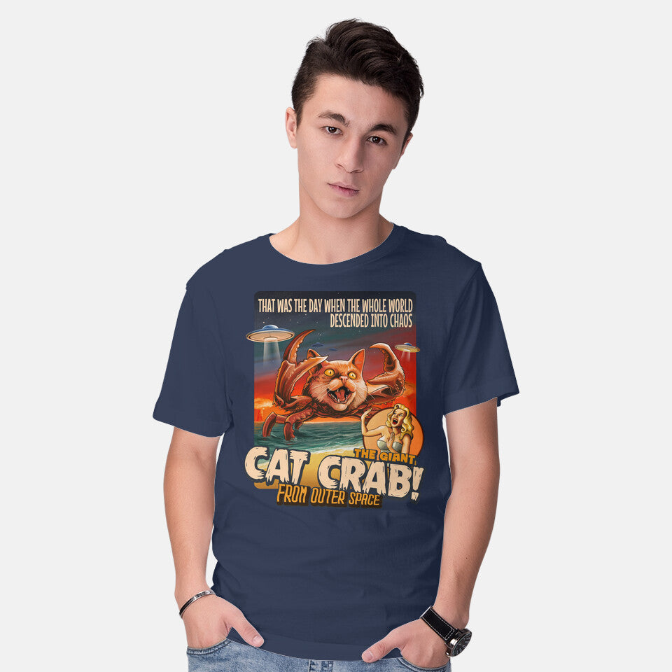 Model wearing navy The Giant Cat Crab – Cat Graphic T-Shirt