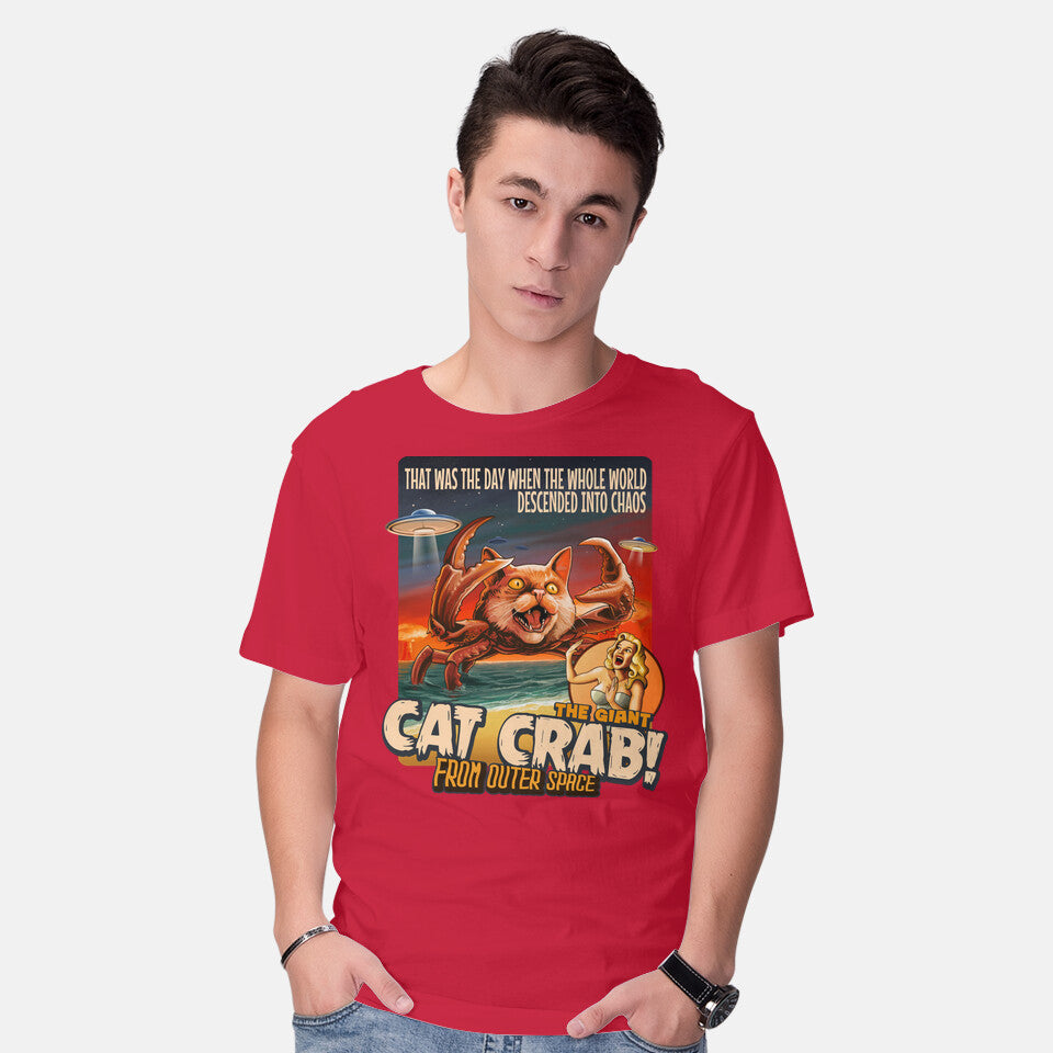 Model wearing red The Giant Cat Crab – Cat Graphic T-Shirt