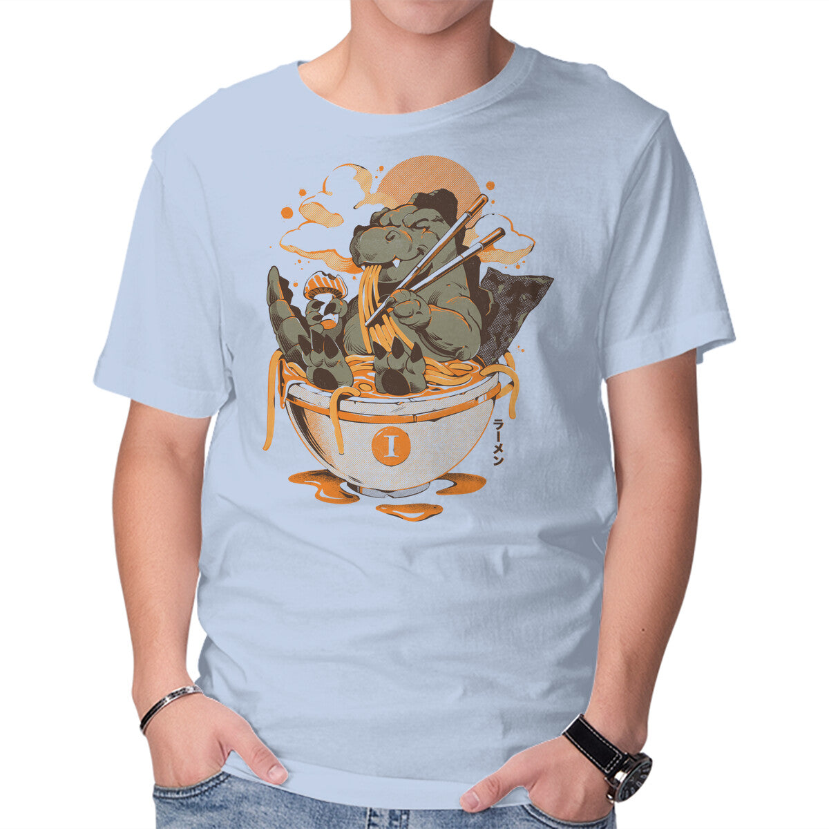 Monster's Ramen Bowl Graphic T-Shirt in blue, product display
