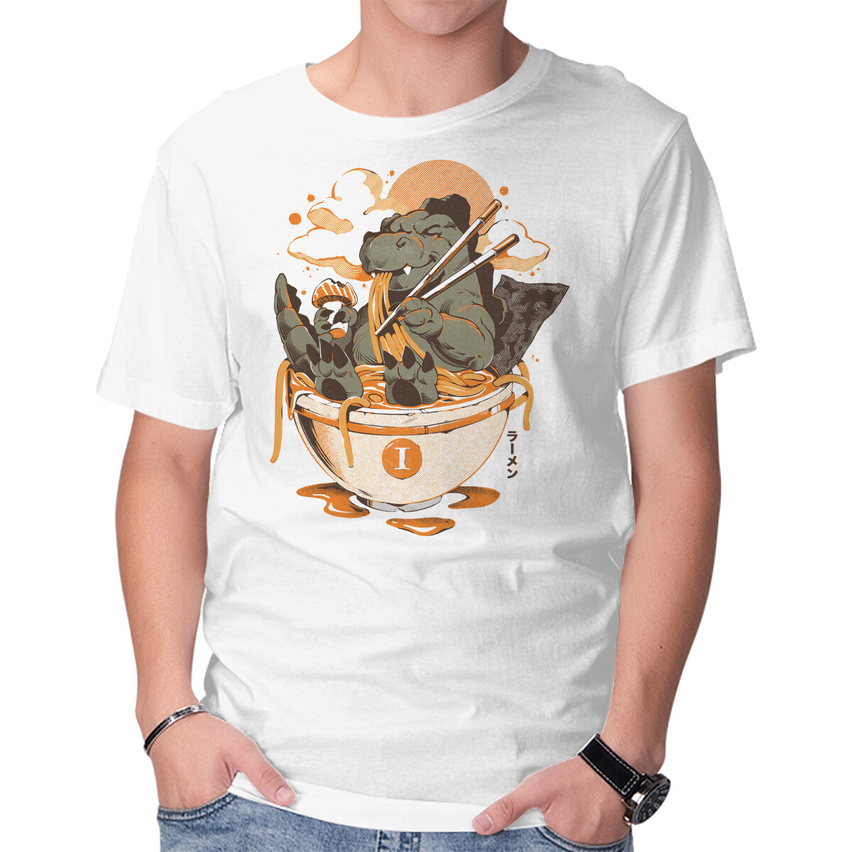 Monster's Ramen Bowl Graphic T-Shirt in white, product display