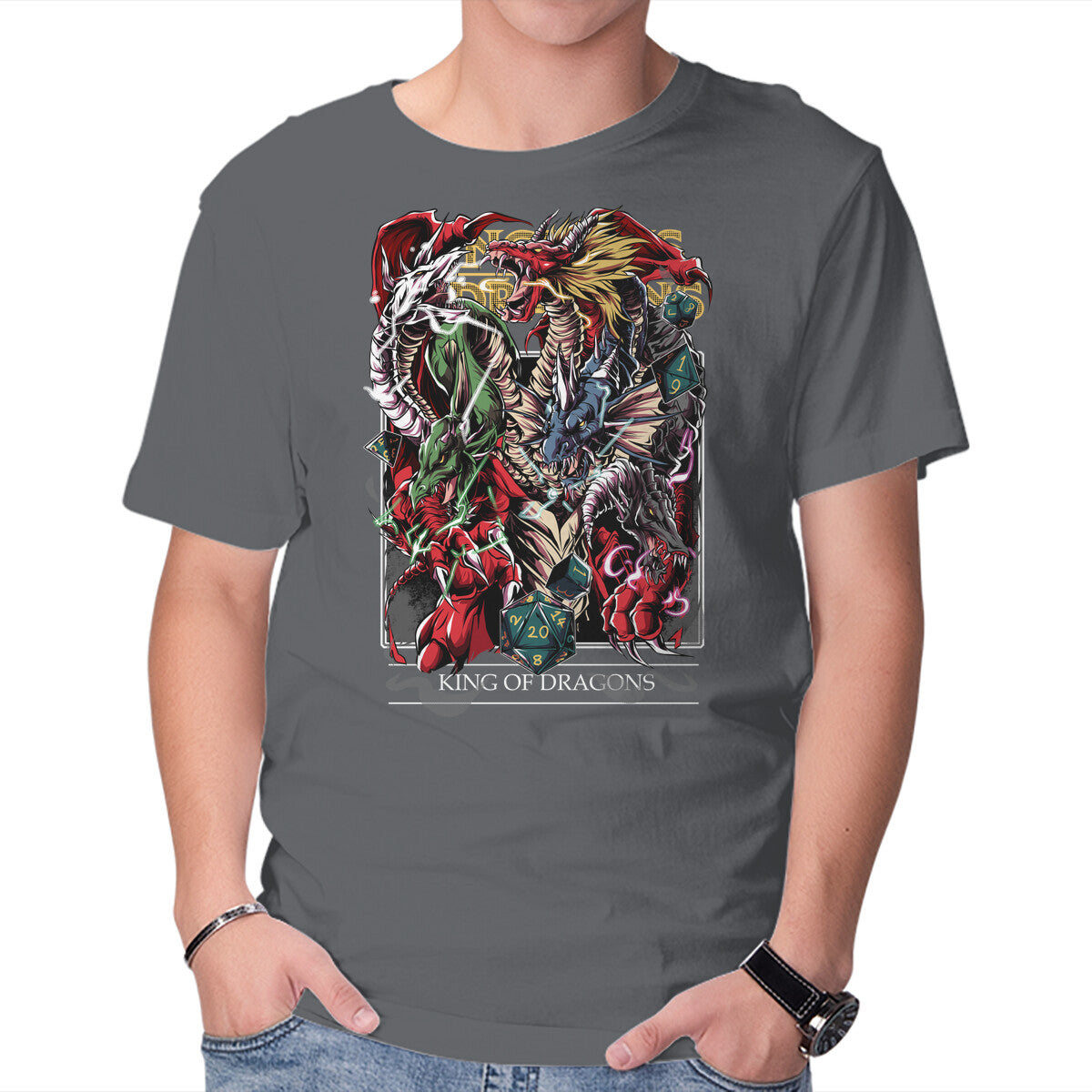 King Of Dragons – Gaming Graphic T-Shirt in charcoal, product display
