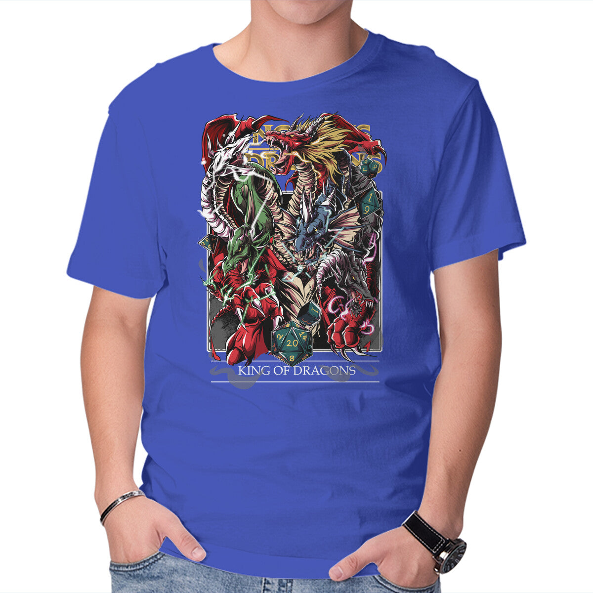 King Of Dragons – Gaming Graphic T-Shirt in royal blue, product display