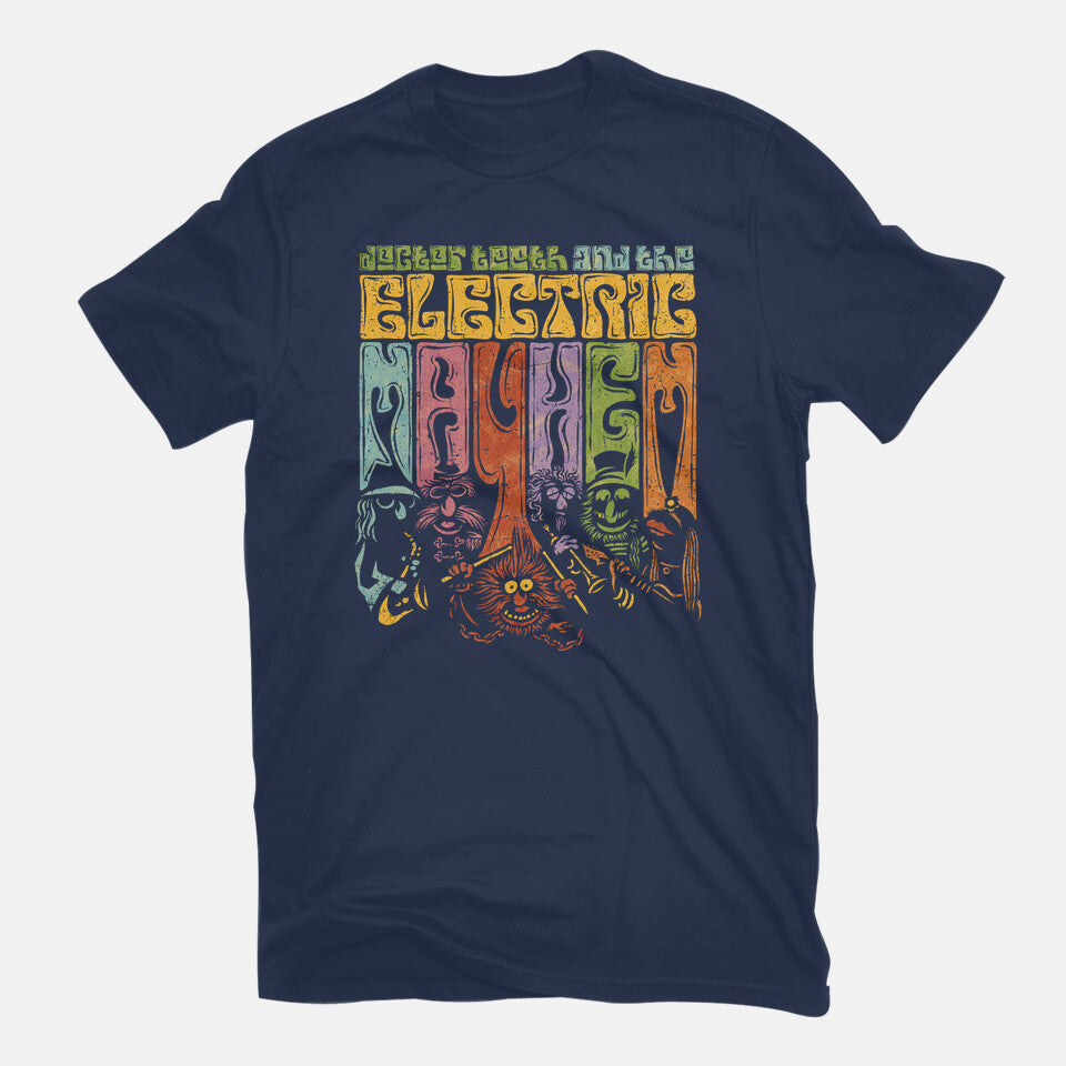 The Psychedelic Mayhem – Music Graphic T-Shirt in navy, flat-lay product view