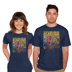 Model wearing navy The Psychedelic Mayhem – Music Graphic T-Shirt