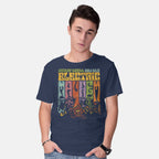 Model wearing navy The Psychedelic Mayhem – Music Graphic T-Shirt