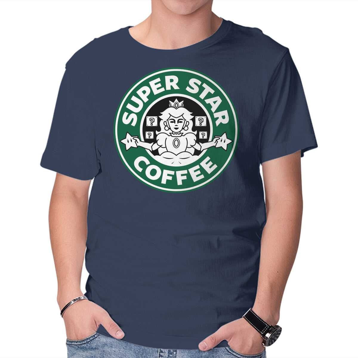 Super Star Coffee – Coffee Graphic T-Shirt in navy, product display