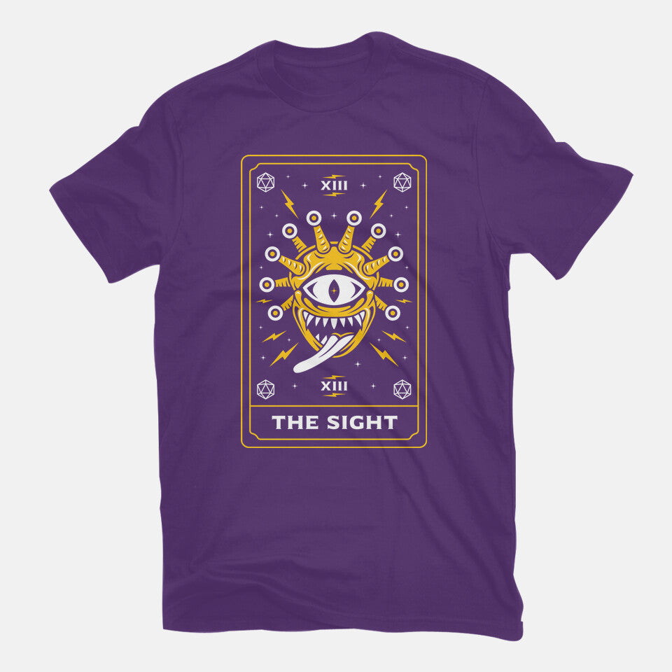 The Sight Tarot Card Graphic T-Shirt in purple, flat-lay product view