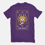 The Sight Tarot Card Graphic T-Shirt in purple, flat-lay product view