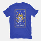 The Sight Tarot Card Graphic T-Shirt in royal blue, flat-lay product view