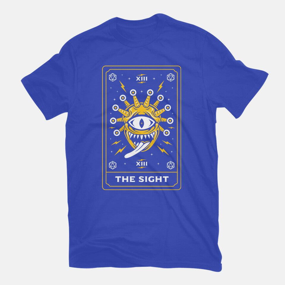 The Sight Tarot Card Graphic T-Shirt in royal blue, flat-lay product view
