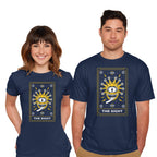 Model wearing navy The Sight Tarot Card Graphic T-Shirt