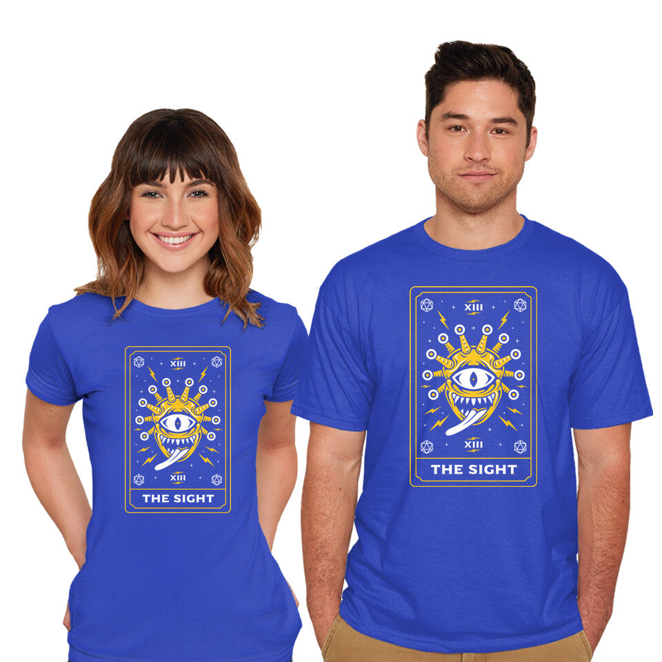 Model wearing royal blue The Sight Tarot Card Graphic T-Shirt