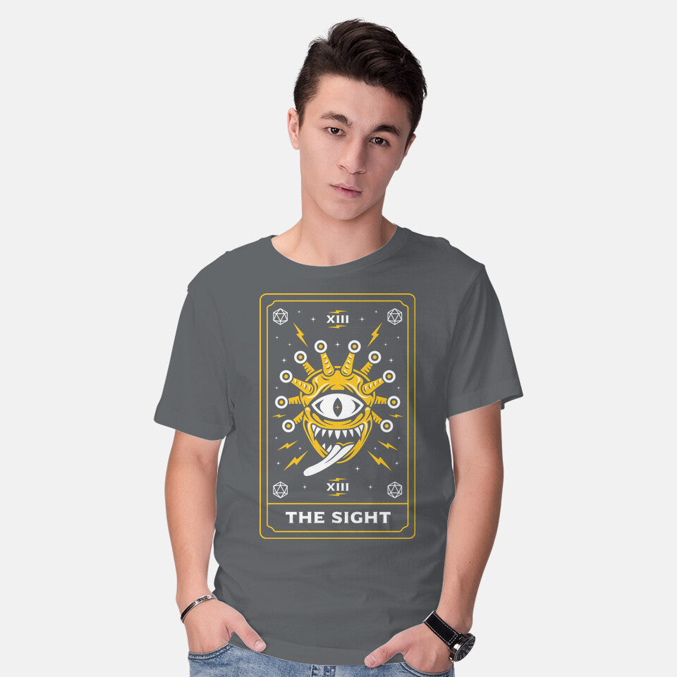 Model wearing charcoal The Sight Tarot Card Graphic T-Shirt