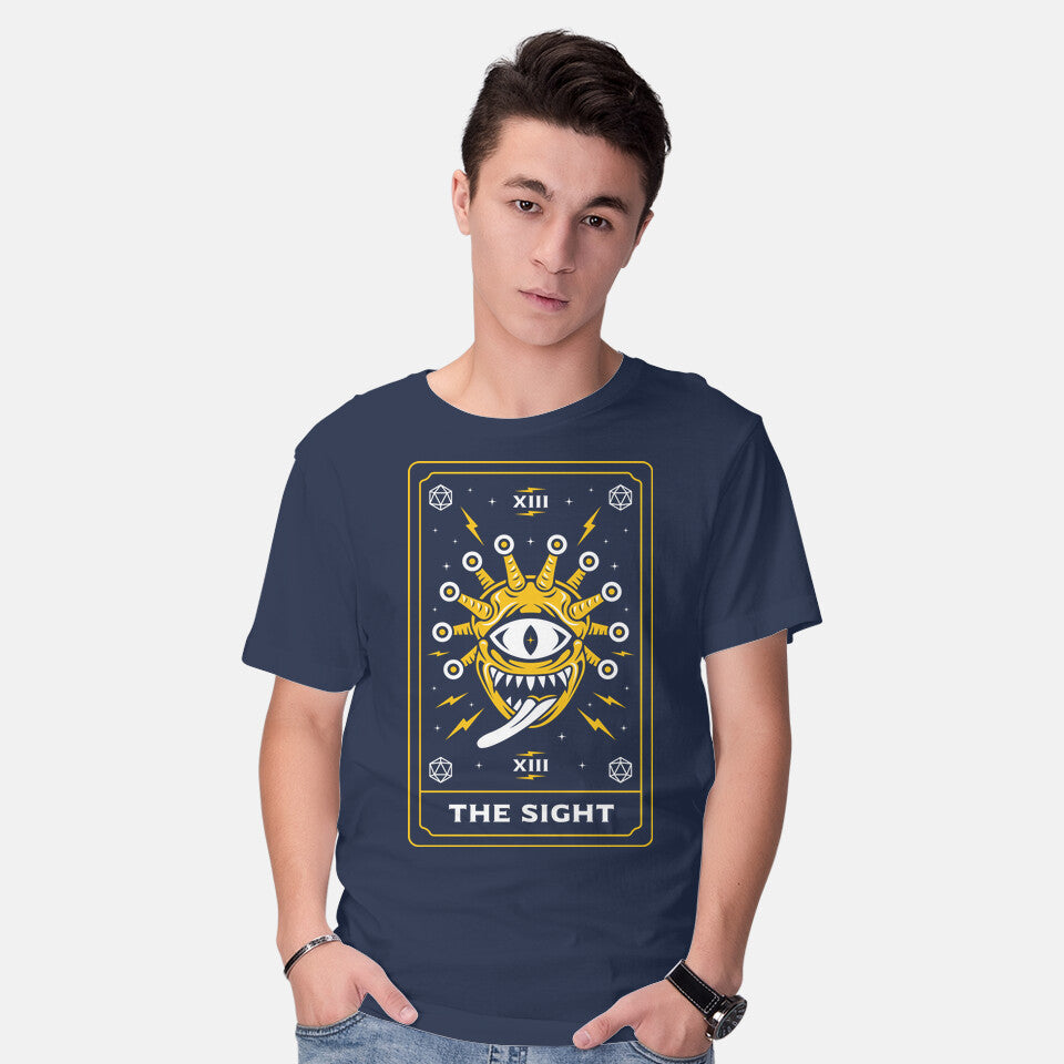 Model wearing navy The Sight Tarot Card Graphic T-Shirt
