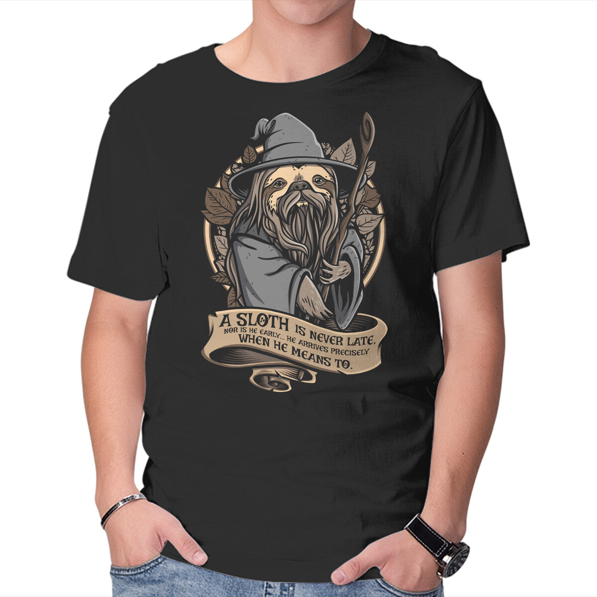 Sloth The Grey – Animal Graphic T-Shirt in black, product display