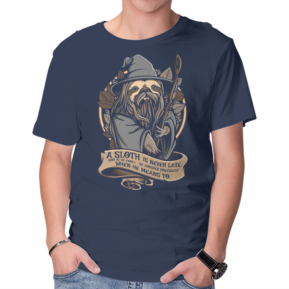 Sloth The Grey – Animal Graphic T-Shirt in navy, product display