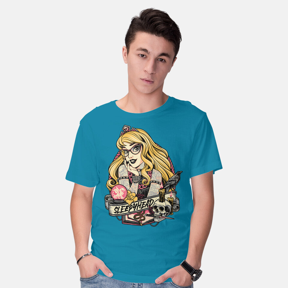 Model wearing turquoise Sleepyhead – Gothic Graphic T-Shirt