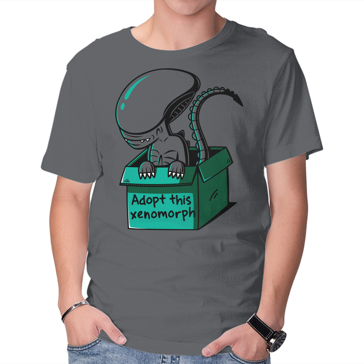 Adopt This Xenomorph – Sci-Fi Graphic T-Shirt in charcoal, product display