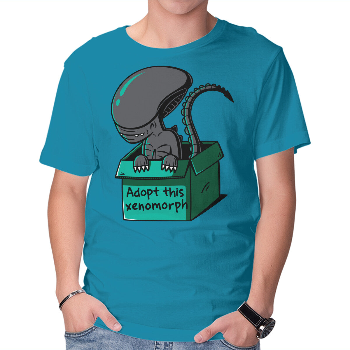Adopt This Xenomorph – Sci-Fi Graphic T-Shirt in turquoise, product display