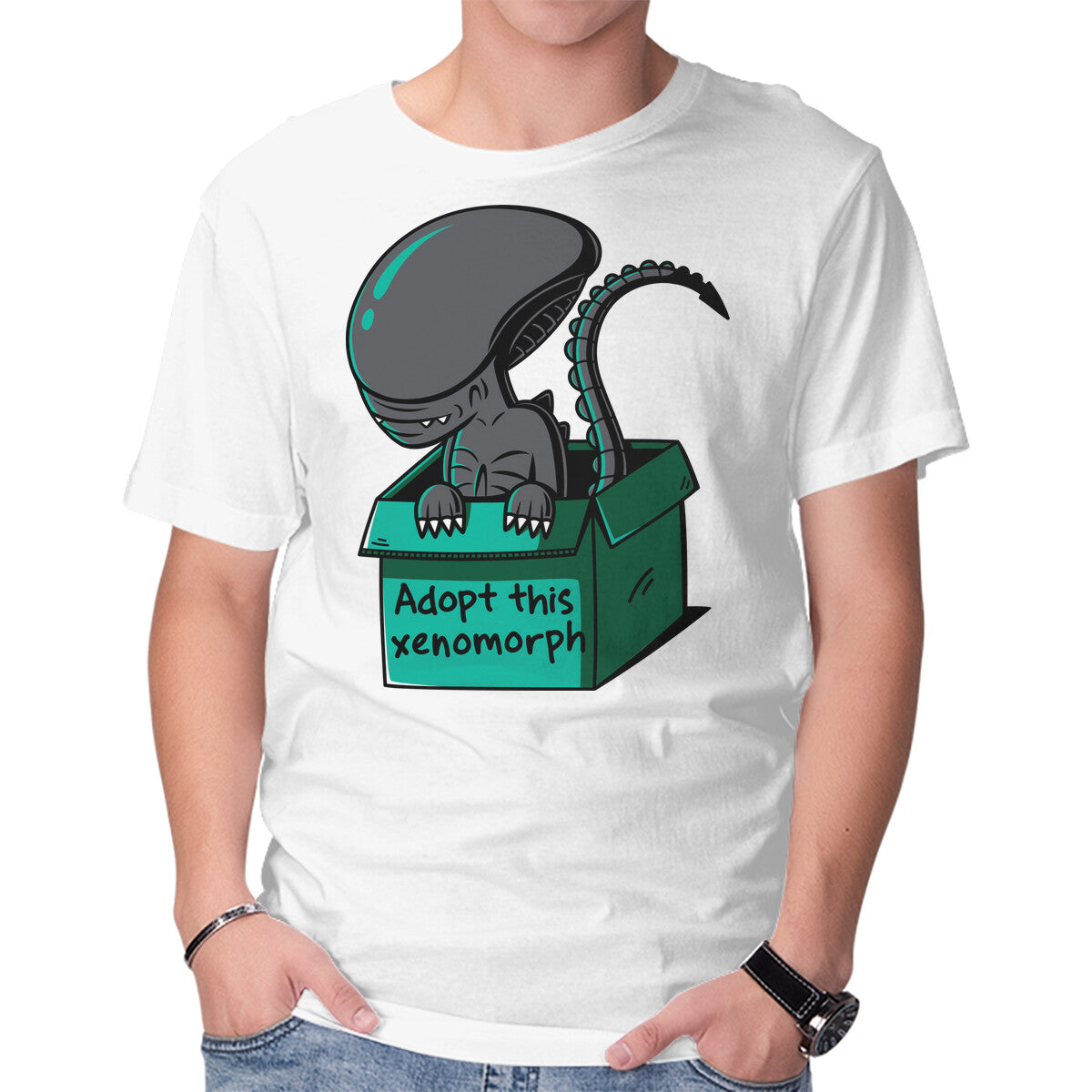 Adopt This Xenomorph – Sci-Fi Graphic T-Shirt in white, product display