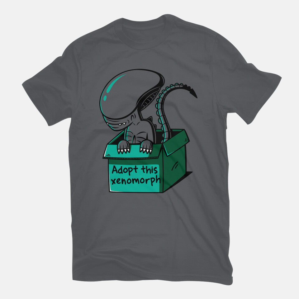 Adopt This Xenomorph – Sci-Fi Graphic T-Shirt in charcoal, flat-lay product view