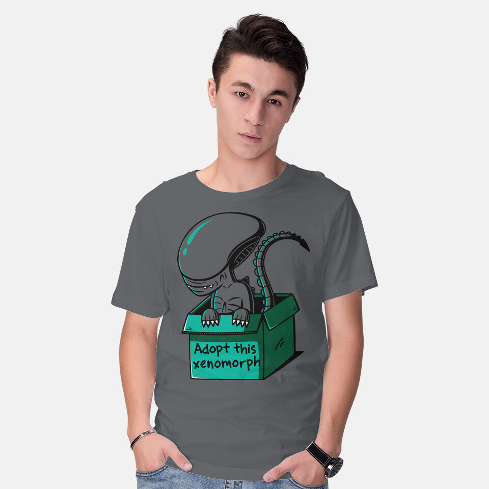 Model wearing charcoal Adopt This Xenomorph – Sci-Fi Graphic T-Shirt