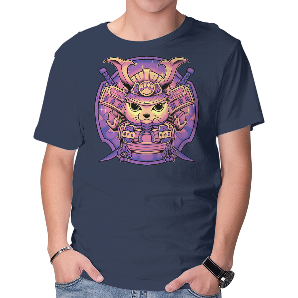 Samurai Neko – Cat Graphic T-Shirt in navy, product display