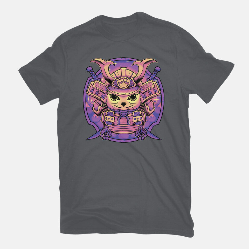 Samurai Neko – Cat Graphic T-Shirt in charcoal, flat-lay product view