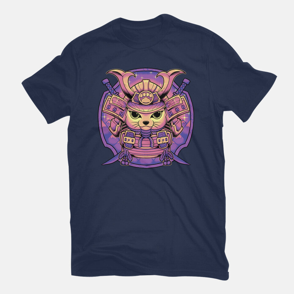 Samurai Neko – Cat Graphic T-Shirt in navy, flat-lay product view