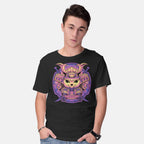 Model wearing black Samurai Neko – Cat Graphic T-Shirt