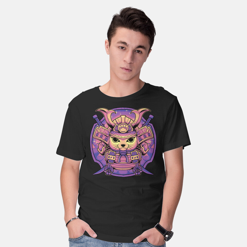 Model wearing black Samurai Neko – Cat Graphic T-Shirt