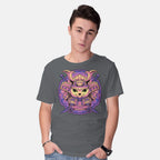 Model wearing charcoal Samurai Neko – Cat Graphic T-Shirt
