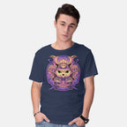 Model wearing navy Samurai Neko – Cat Graphic T-Shirt