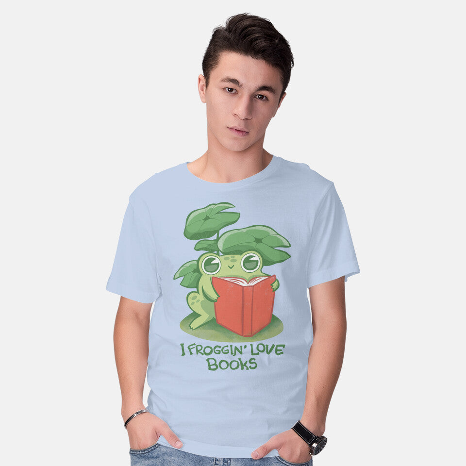 Model wearing blue Froggin Love Books – Animal Graphic T-Shirt