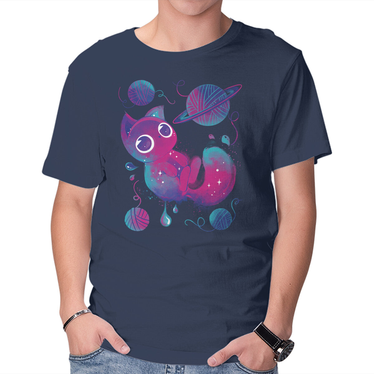 Galaxy Cuteness – Cat Graphic T-Shirt in navy, product display