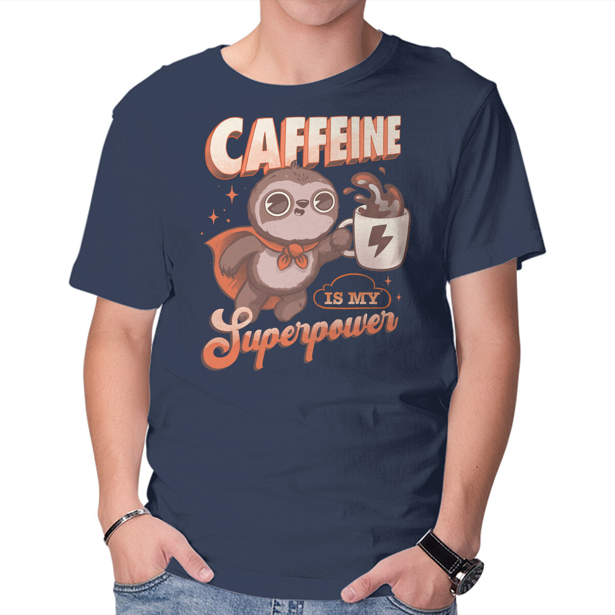 Caffeine Is My Superpower – Coffee Graphic T-Shirt in navy, product display