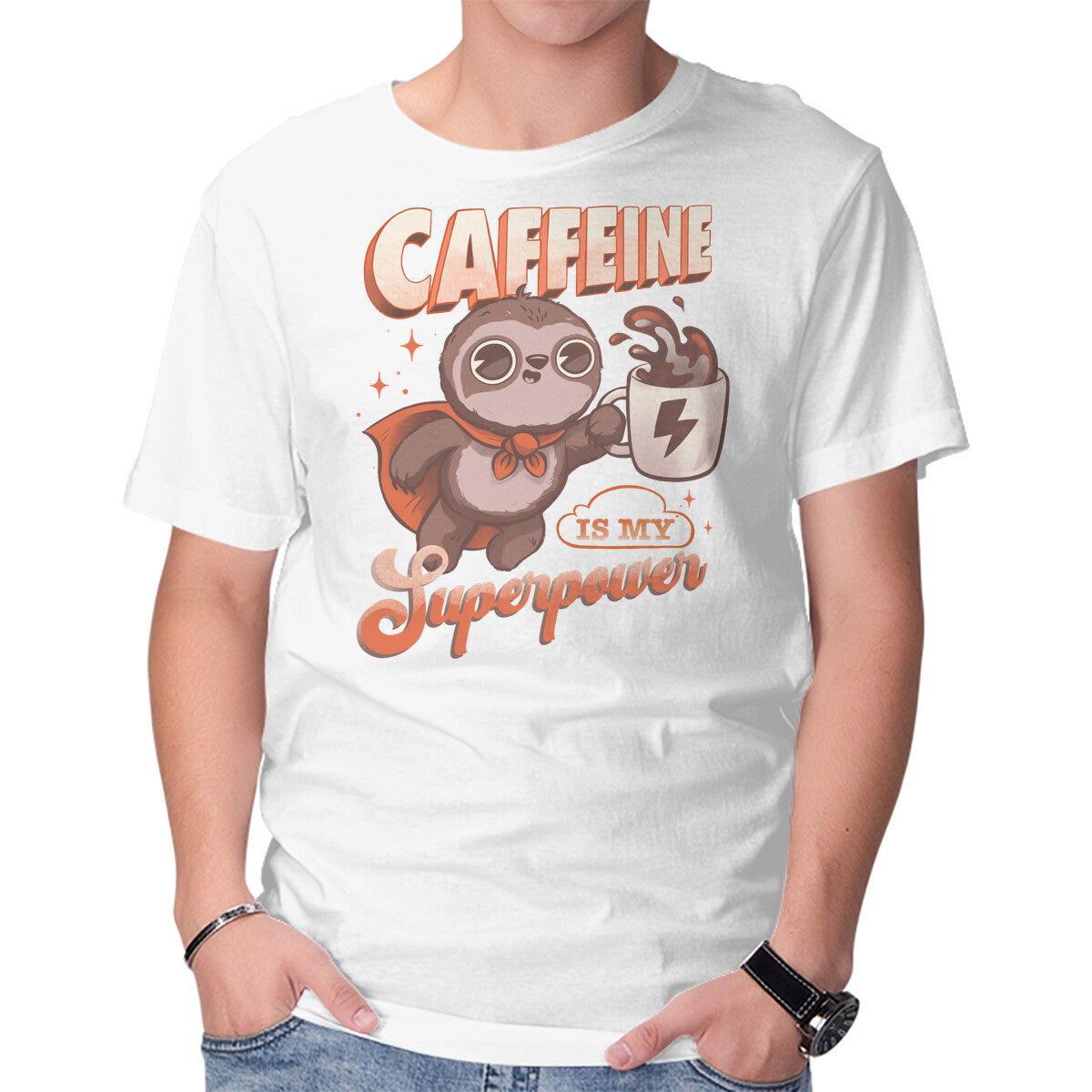 Caffeine Is My Superpower – Coffee Graphic T-Shirt in white, product display