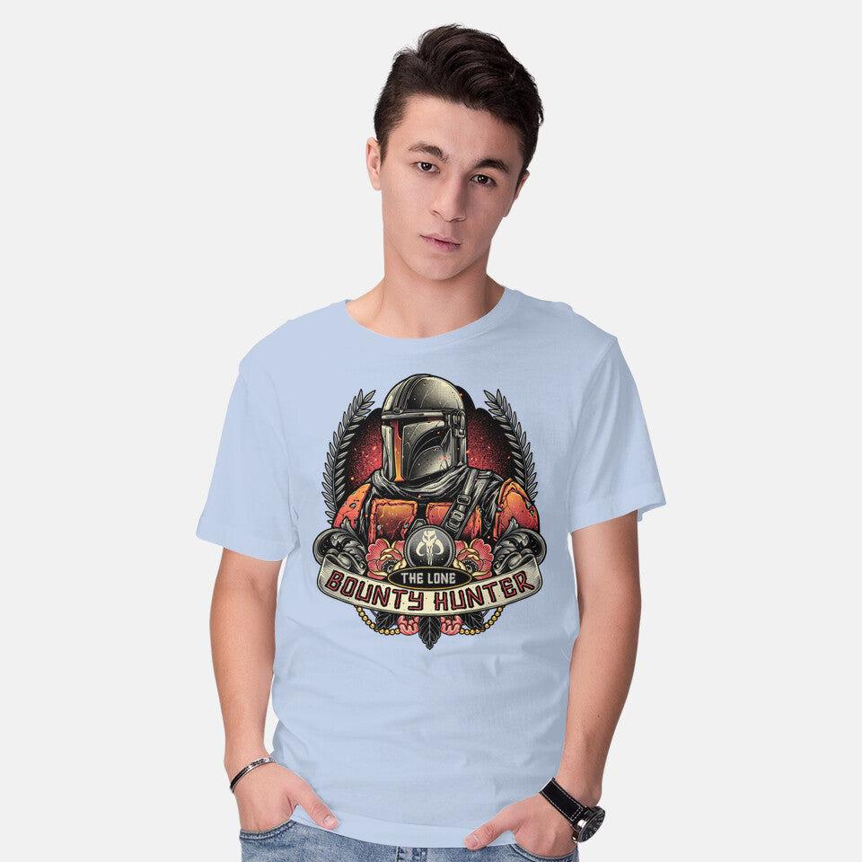Model wearing blue The Lone Bounty Hunter – Sci-Fi Graphic T-Shirt