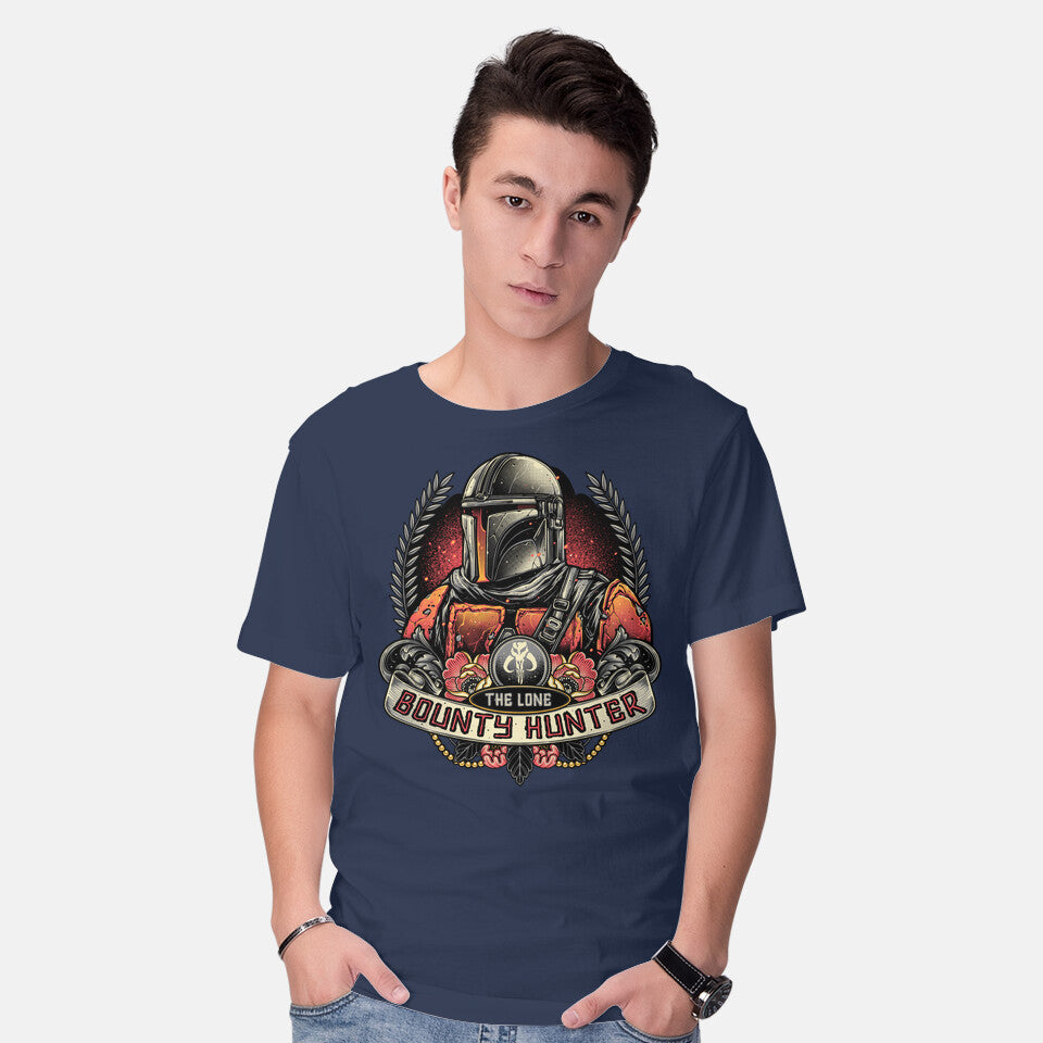 Model wearing navy The Lone Bounty Hunter – Sci-Fi Graphic T-Shirt