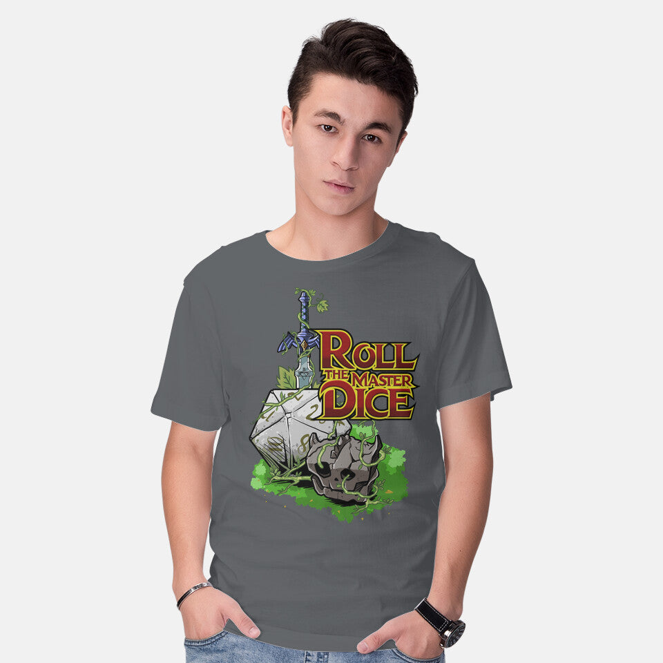 Model wearing charcoal Roll The Master Dice Graphic T-Shirt