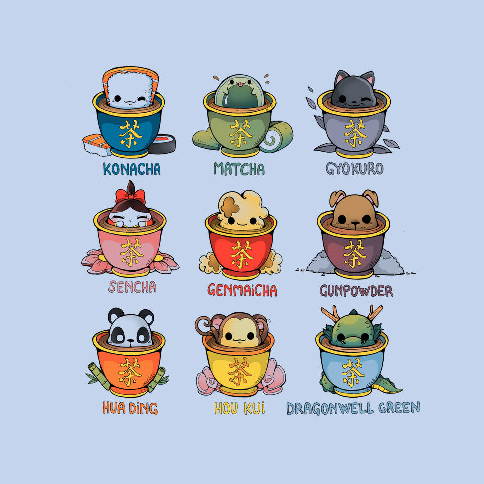 Tea Types – Cat Graphic T-Shirt design artwork for blue graphic T-shirt