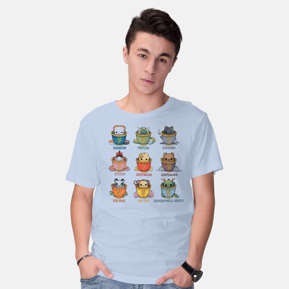 Model wearing blue Tea Types – Cat Graphic T-Shirt