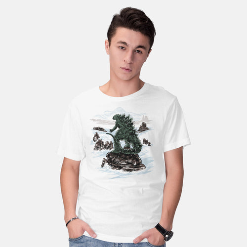 Model wearing white Kaiju Above The Sea Of Fog Graphic T-Shirt