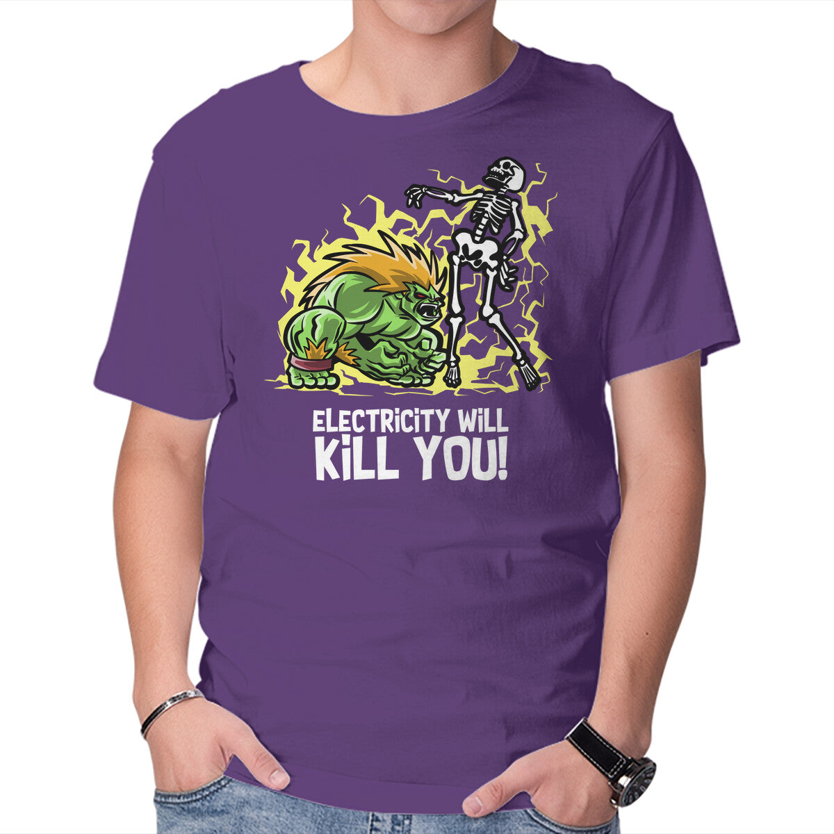 Electricity Will Kill You Graphic T-Shirt in purple, product display